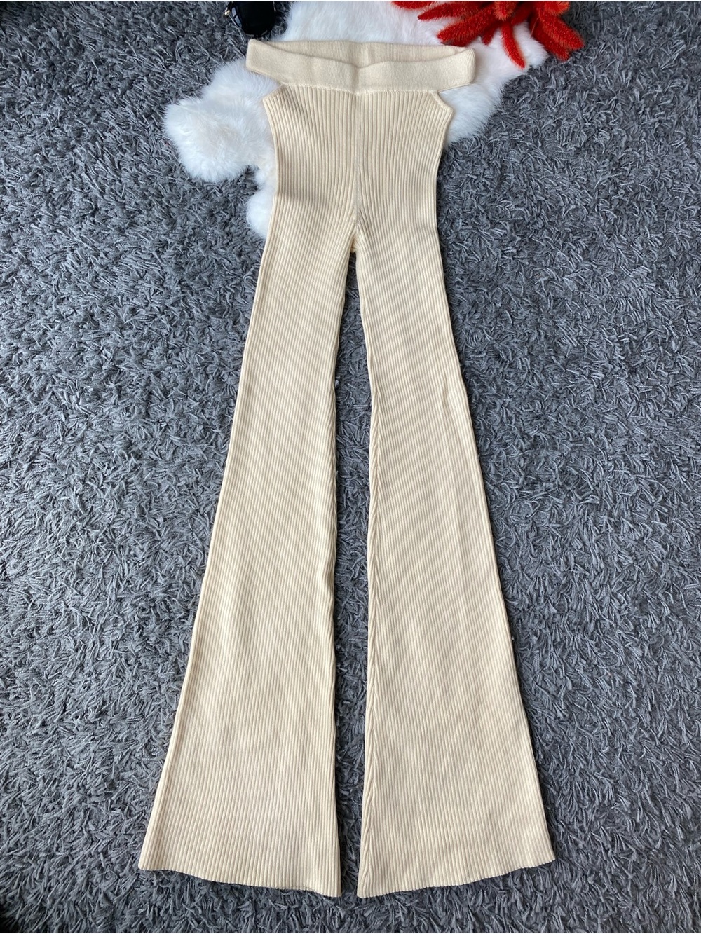 Camila Coelho Pants Ribbed Knit Cutout Flare Buttercream